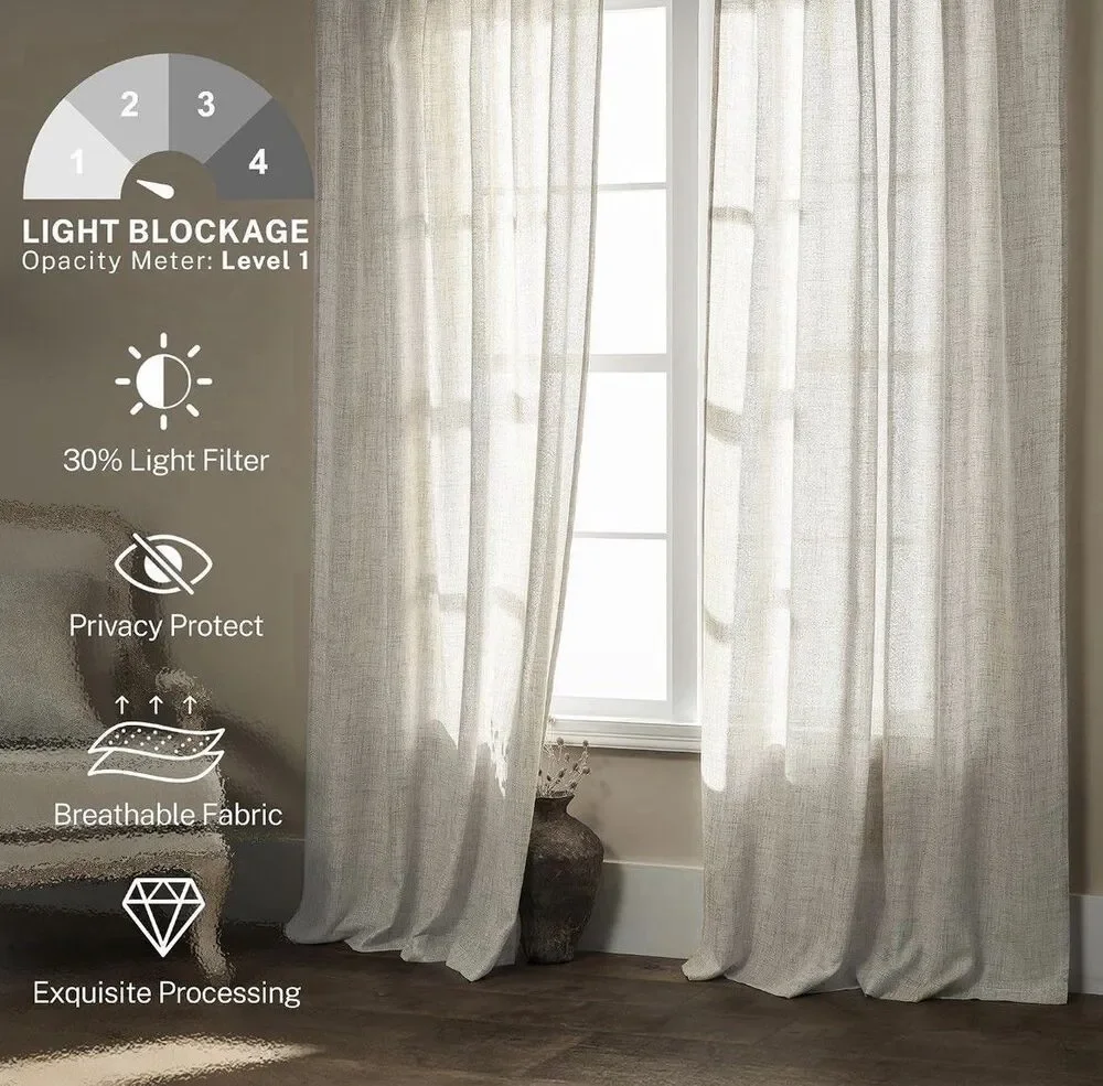 Natural Linen Textured Curtains 2 Panels 50x63 Cream Back Tab Light Filter